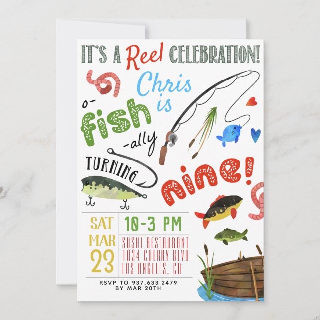 Fishing Ninth Birthday Invitation (Front)