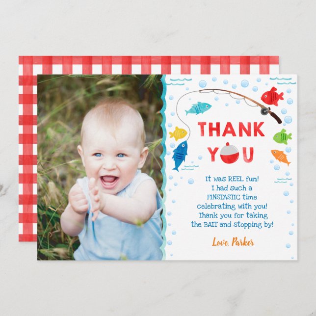 Fishing O-fish-ally 1st Birthday Thank You Cards (Front/Back)