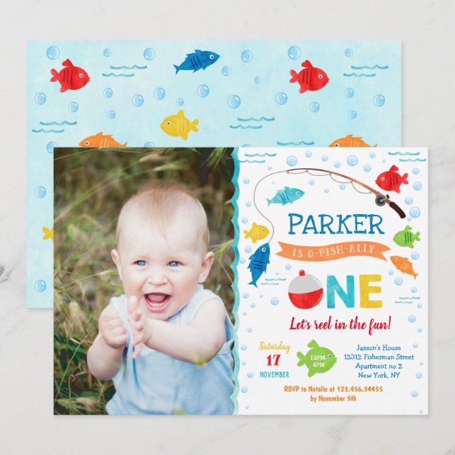 Fishing O-fish-ally ONE 1st Birthday Invitations (Front/Back)