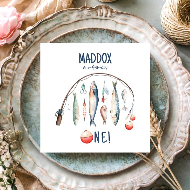 Fishing O-Fish-Ally The Big One Blue Boy Birthday  Napkin (Creator Uploaded)