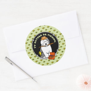 Fishing Old English Sheepdog Dog (Grey 1) Cute Classic Round Sticker
