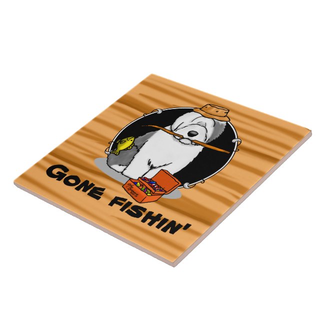 Fishing Old English Sheepdog (Grey 1) Cute Funny Ceramic Tile (Side)