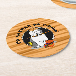Fishing Old English Sheepdog (Grey 1) Cute Funny Round Paper Coaster