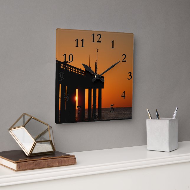 fishing pier at sunrise square wall clock (Office)