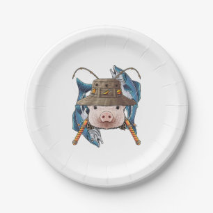 Fishing Pig Outdoor Fisherman Farm Animal Cute Fly Paper Plate