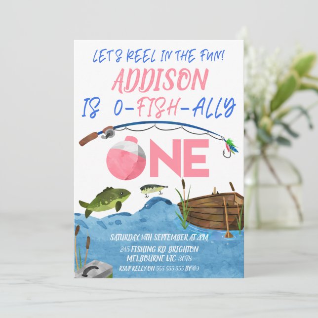 Fishing Pink Reel In Fun Ofishally 1st Birthday Invitation (Standing Front)