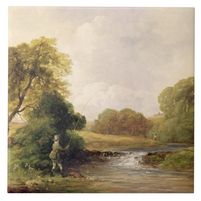Fishing: Playing a Fish (oil on canvas) Ceramic Tile (Front)