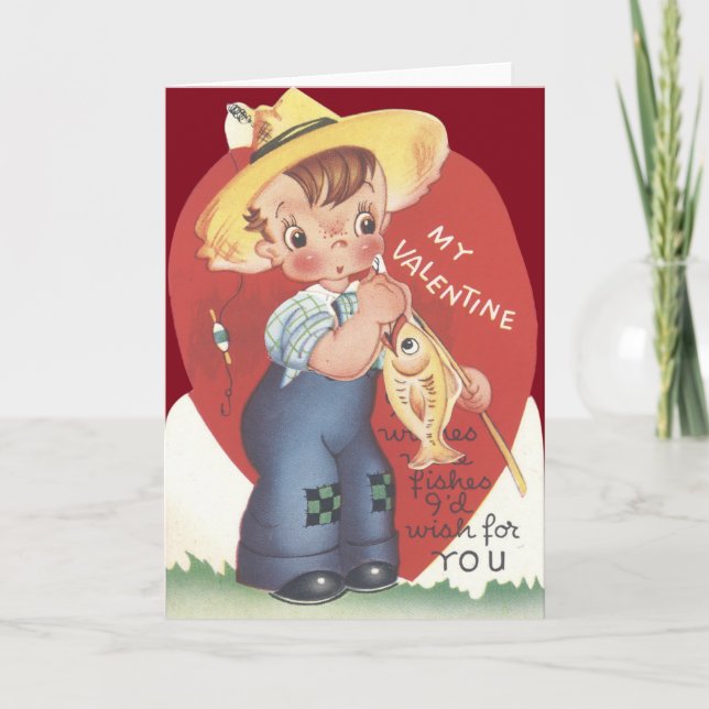Fishing Pole Fish Country Boy Valentine Holiday Card (Front)