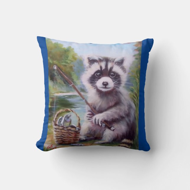 Fishing Racoon fun throw pillow (Front)