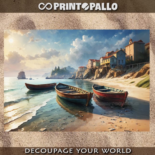 Fishing rawboats on the shore near costal village tissue paper (Creator Uploaded)