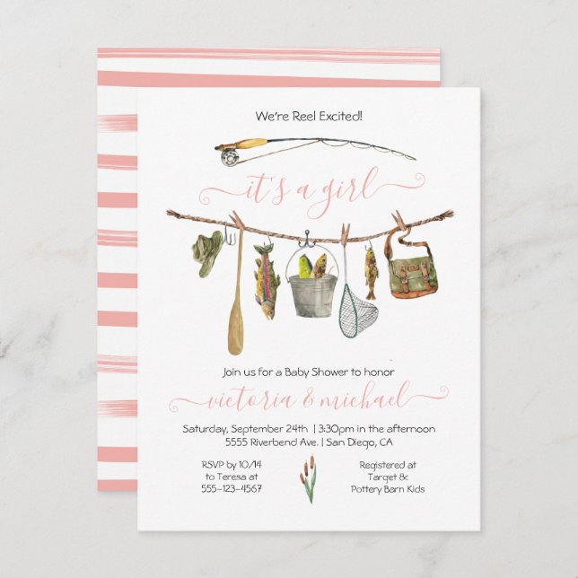 Fishing Reel Baby Shower Clothesline Girl Invitation (Front/Back)