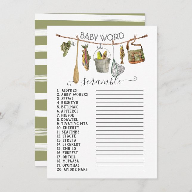 Fishing Reel Clothesline Baby Word Scramble Invitation (Front/Back)