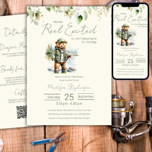 Fishing Reel Excited Boy Baby Shower QR Code  Invitation