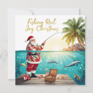 Fishing Reel Joy Christmas with Santa Holiday Card