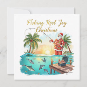 Fishing Reel Joy Christmas with Santa Holiday Card
