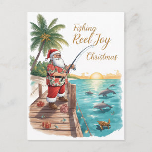 Fishing Reel Joy Christmas with Santa Holiday Postcard