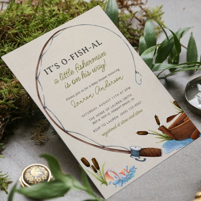 Fishing Reel Watercolor Boy Baby Shower Invitation (Easily personalize this baby shower invitation with your details for a sweet celebration!)