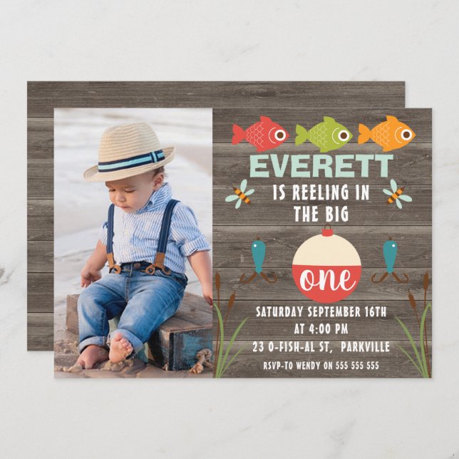 Fishing reeling in the big one birthday invitation (Front/Back)