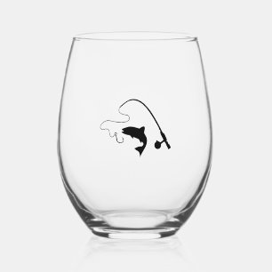 Fishing rod and fish, fishing stemless wine glass