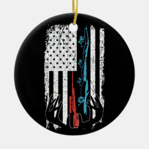 Fishing Rod Hunting Deer American Flag Ceramic Ornament