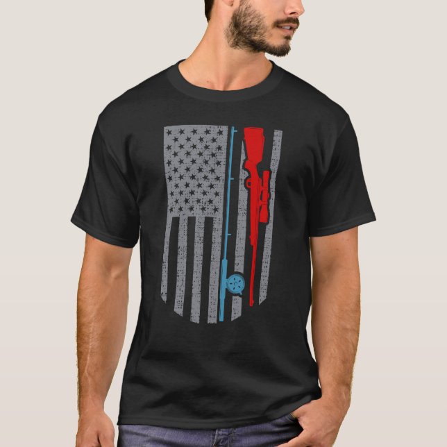 Fishing Rod Hunting Rifle American Flag T-Shirt (Front)