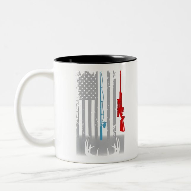 Fishing Rod Hunting Rifle American Flag Two-Tone Coffee Mug (Left)