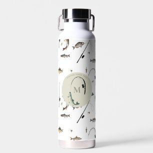 Fishing Rod & Reel Fish Theme Fisherman Monogram Water Bottle