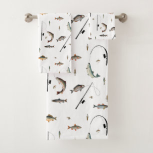 Fishing Rod & Reel Fish Theme Pattern Bath Towel Set