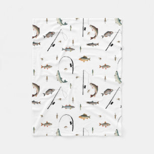 Fishing Rod & Reel Fish Theme Pattern Fleece Blanket