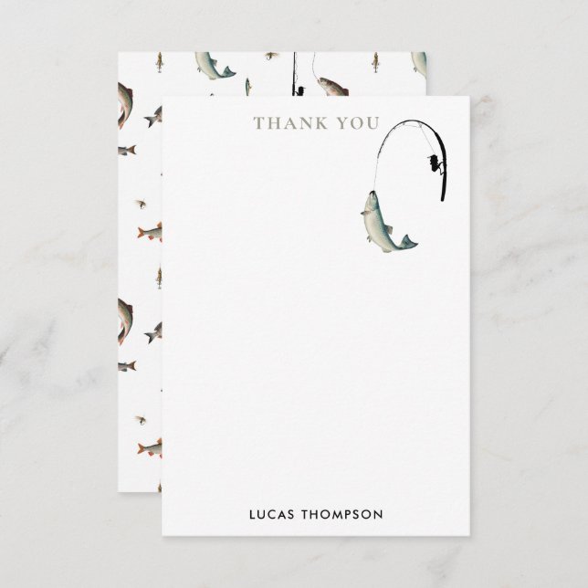Fishing Rod & Reel Fish Theme Pattern Thank You Card (Front/Back)