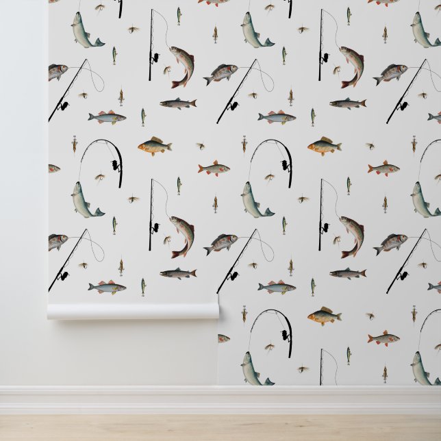 Fishing Rod & Reel Fish Theme Seamless Pattern Wallpaper (Application)