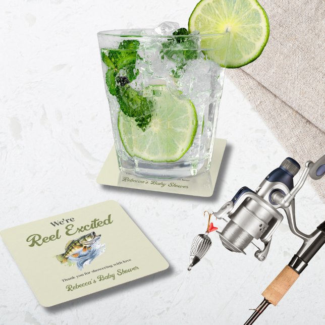 Fishing Sage Green Reel Excited Baby Shower Square Paper Coaster (Creator Uploaded)