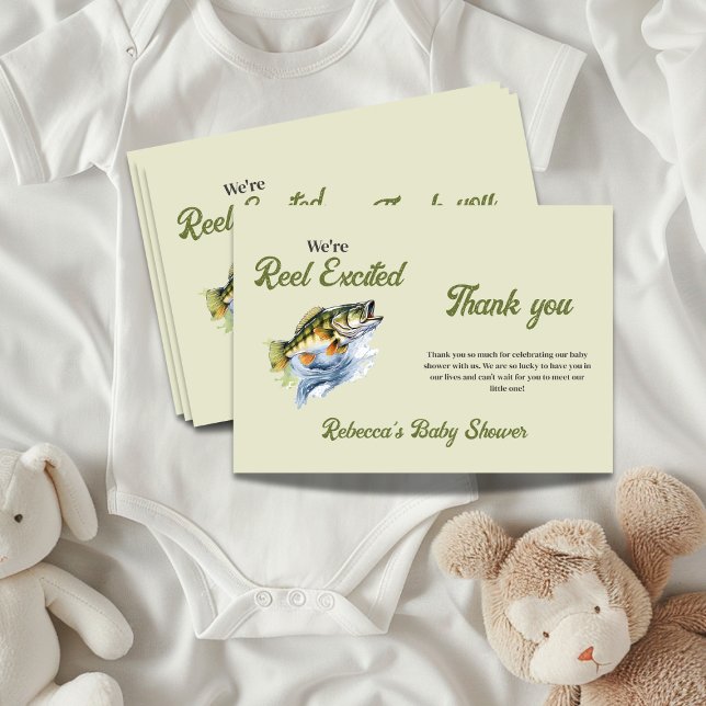 Fishing Sage Green Reel Excited Baby Shower Thank You Card (Creator Uploaded)