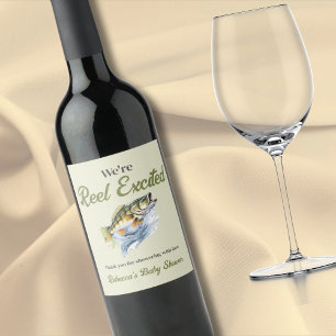 Fishing Sage Green Reel Excited Baby Shower Wine Label