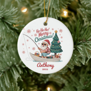 Fishing Santa Christmas Ceramic Ornament