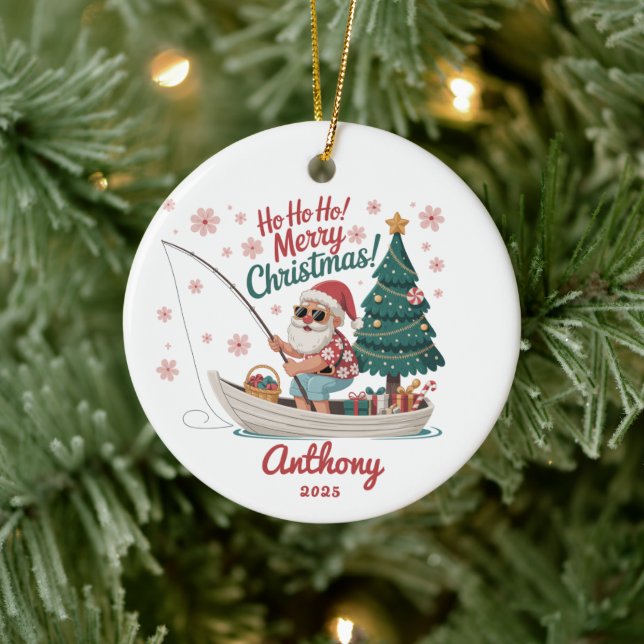 Fishing Santa Christmas Ceramic Ornament (Tree)