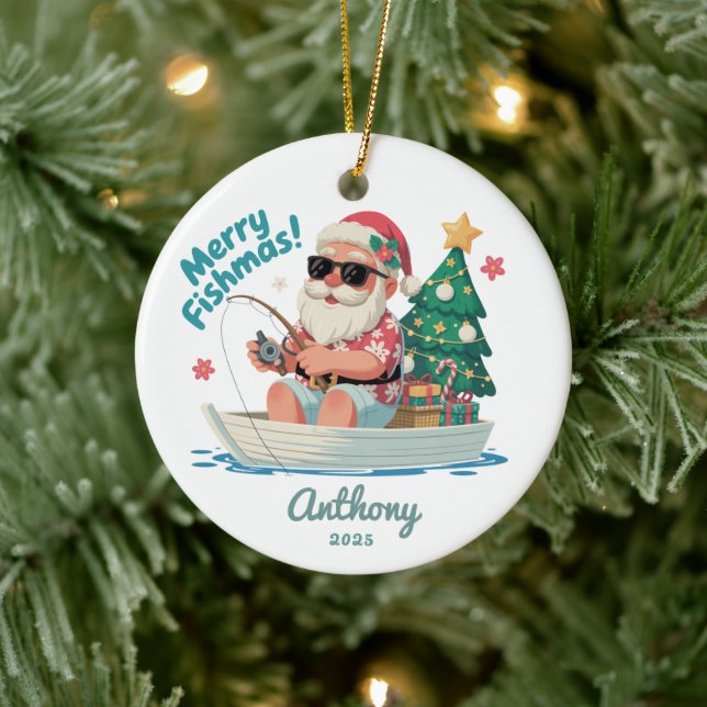 Fishing Santa Christmas Ceramic Ornament (Tree)