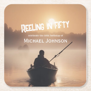 Fishing Sunrise Fisherman 50th Birthday Square Paper Coaster