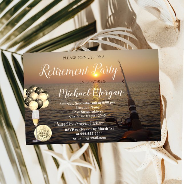 Fishing,Sunset Wine Glass,Ballons Retirement Party Invitation (Creator Uploaded)