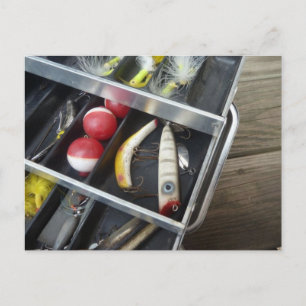 Fishing Tackle Box on Wood Deck Postcard