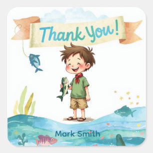 Fishing Thank You Card with Boy Fishing Square Sticker