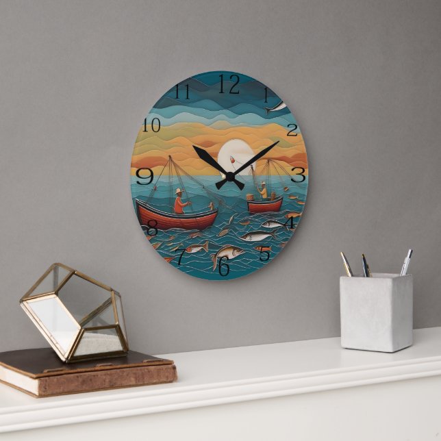 Fishing The Catch Of The Day Folk Art, Large Clock (Office)