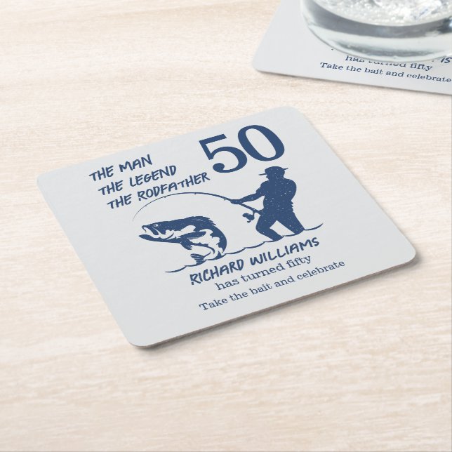 Fishing the Rodfather Big Fish 50th Birthday Square Paper Coaster (Angled)