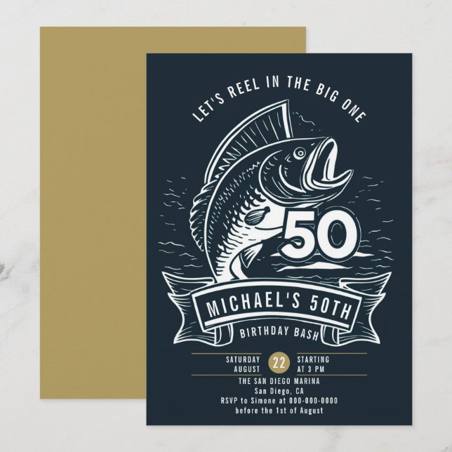 Fishing Theme Big Bass Reel Navy Men 50th Birthday Invitation (Front/Back)