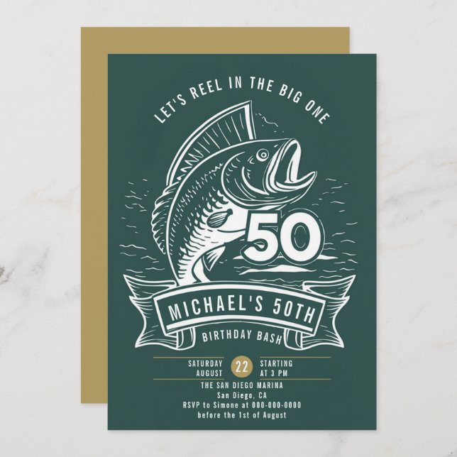 Fishing Theme Big Bass Reel Teal Men 50th Birthday Invitation (Front/Back)