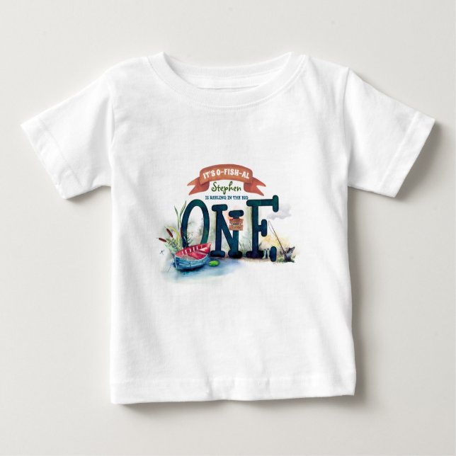 Fishing Themed 1st Birthday Party Baby T-Shirt (Front)