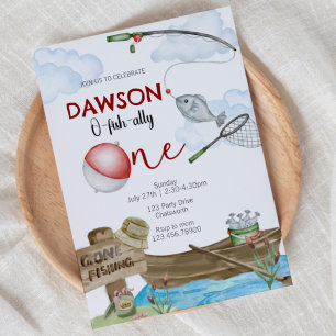 fishing-themed, Fishing Birthday, One, first birth Invitation