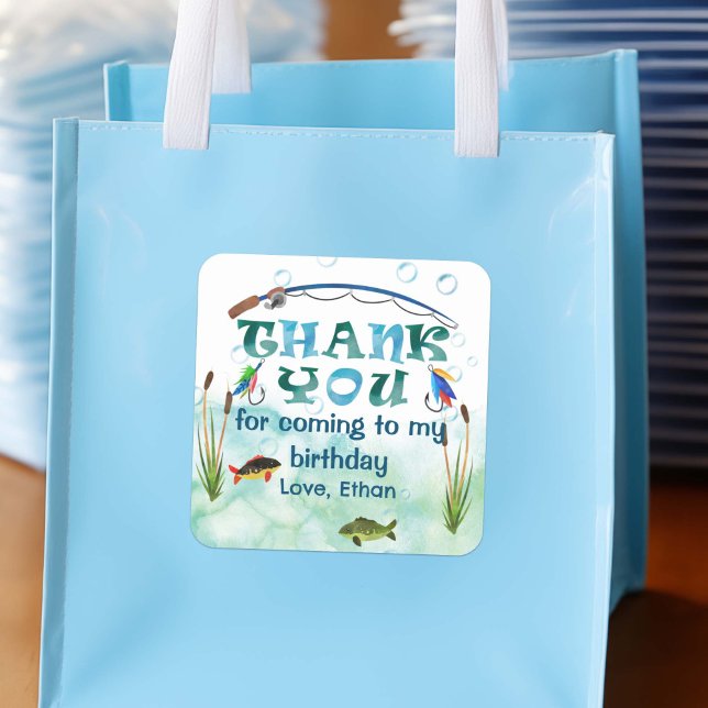 Fishing themed, o-fish-ally, 1st birthday favours square sticker (Fishing themed, O fish ally, birthday, boy 1st birthday thank you favor stickers.)