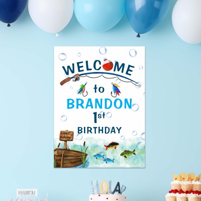 Fishing themed O-fish-ally birthday welcome sign (Fishing themed, O-fish-ally, birthday poster welcome sign. Little fisherman birthday party decor.)