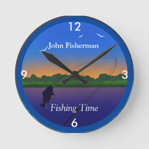 "Fishing Time" Relaxing Fishing Scene Round Clock